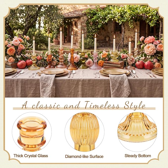 Mumufy 10 Pcs Glass Crystal Taper Candle Holders Clear Glass Candlestick Holder Fit 0.8 Inch Candles Crystal Decorative Candle Stand Centerpiece Table Wedding Dining Party (Classic,Orange Yellow)