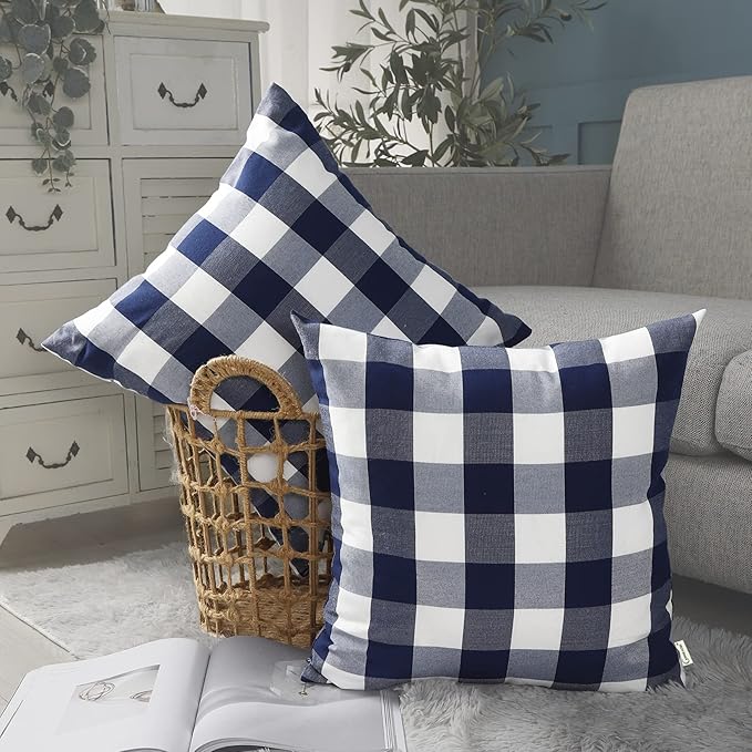 CARRIE HOME Navy Blue Buffalo Check Pillow Covers 18x18 Set of 2 Blue Bufflao Plaid Outdoor Pillow Covers Navy Throw Pillows for Farmhouse Christmas Decor