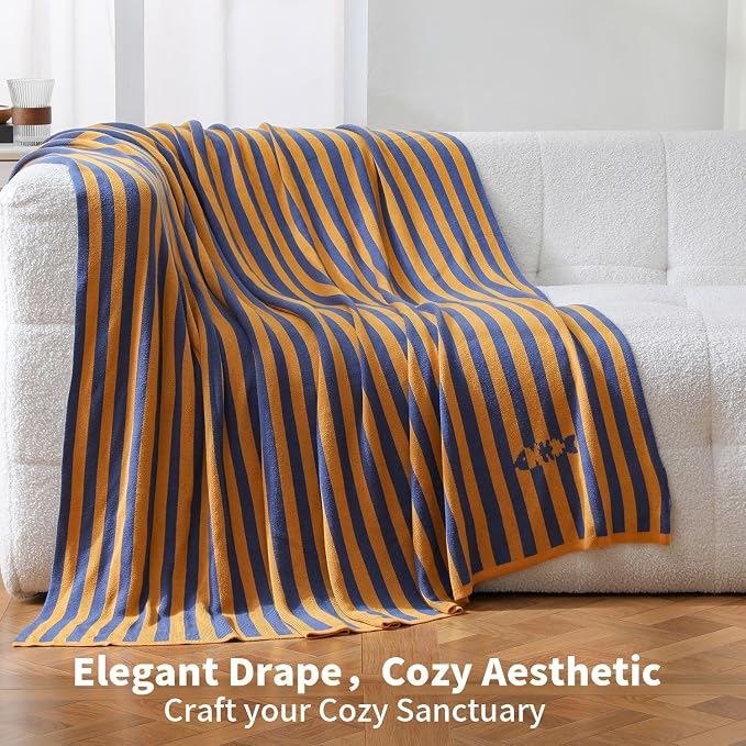 BOV Knit Lightweight Throw Blanket - 100% Viscose Super Soft Breathable Comfy Decorative Throw Blanket for Chair Couch Sofa Bed, Perfect Self Care Gifts for Women & Men, Mustard & Navy Stripe 50"x60"