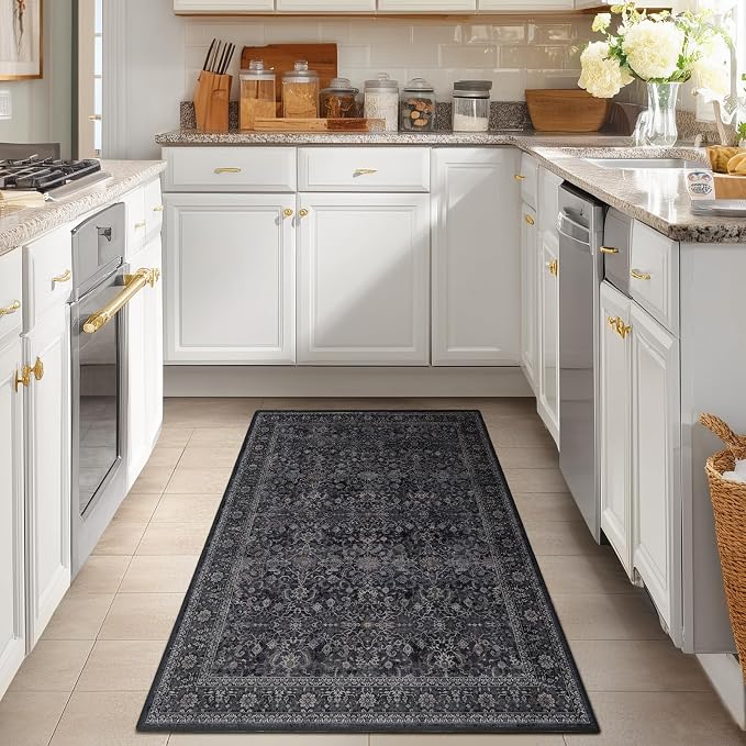 Vintage Dark 3x5 Entryway Rug Indoor Foyer, Earth Tone Farmhouse Throw Rug for Kitchen Bathroom, Machine Washable Non Slip Thin Area Rug for Nursery/Bedroom Bedside/Home Office/Dorm, Midnight
