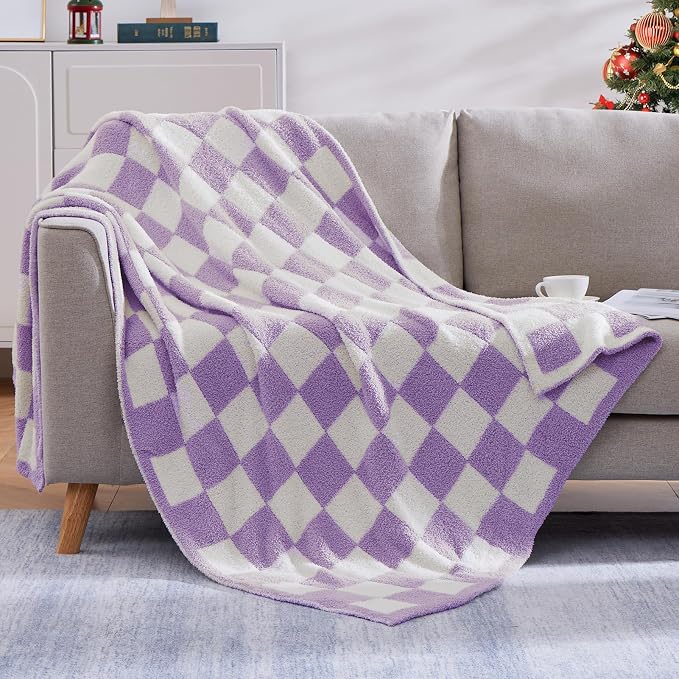 WRENSONGE Soft Twin Size Checkered Blanket for Bed-Cozy Knitted Blankets | Lightweight Fluffy Warm Decor for Women, Mom, Her & Girls, Sofa, Chair, Couch, 60x80in,Purple