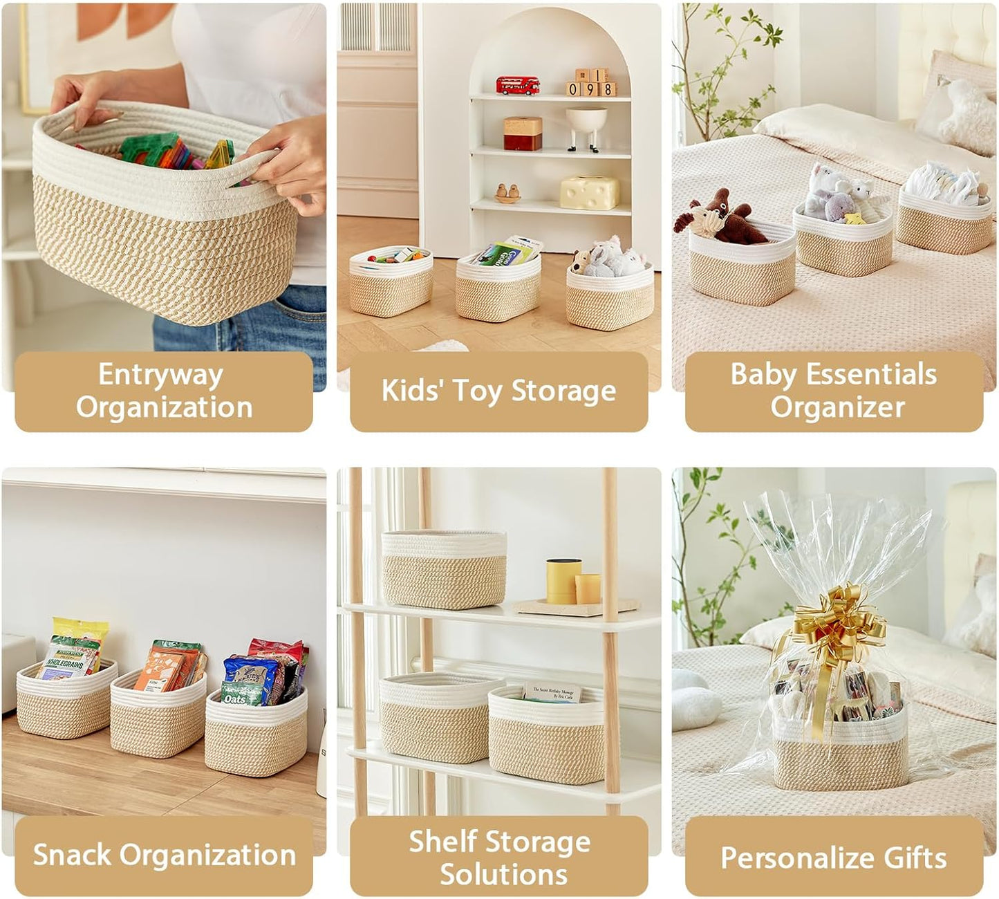 Small Cotton Rope Storage Basket Set of 3-11"x7"x7" Perfect Woven Baskets for Storage, Ideal Storage Baskets for Organizing Toys, Towels, and More - Baskets for Shelves（White & Mixed Camel）