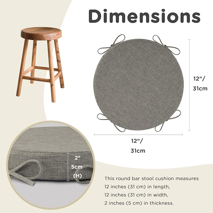AddGrace Round Bar Stool Cushions with Ties Set of 1 Non Slip Seat Cushions 12x12 Inch Washable Chair Pads Removable Washable Cover Light Gray