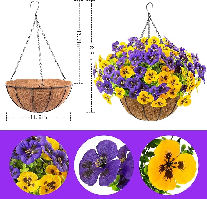lovemoon 2 Sets Artificial Hanging Flowers with Baskets, 24 Pcs UV Resistant Faux Silk Pansies Outdoor Flower Pots for Porch Patio Garden Home Spring Summer Decor (2, Yellow,Puple)