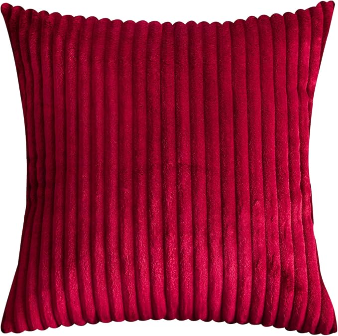 TangDepot Velvet Big Corduroy Pillow Covers 18x18 Deep Red 2-Pack | Soft wide-stripe corduroy pillow cover, hidden zipper, machine washable, easy refresh, for bedroom living room indoor outdoor