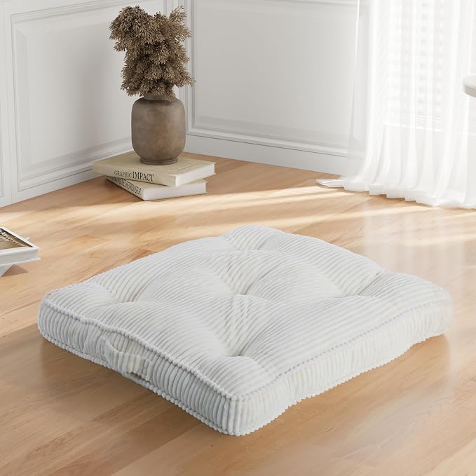 Meditation Floor Cushion, 24x24 Tufted Floor Pillow for Adults, Square Large Meditation Cushion Pillow, Corduroy Sitting with Handle, Yoga Seating for Tatami, Beige, 1Pack