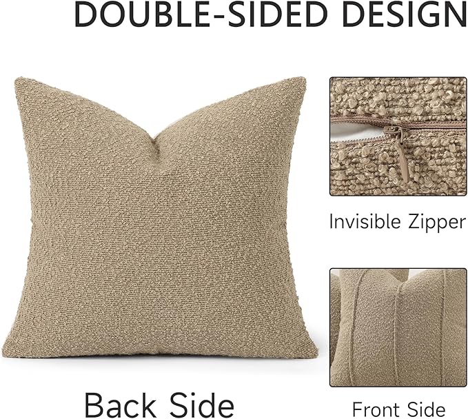 YCOLL Textured Boucle Throw Pillow Covers 24x24 Pack of 2 - Soft Neutral Striped Cushion Covers, Cozy Accent Decorative Pillow Covers for Couch, Sofa, Bed, Living Room (Taupe)