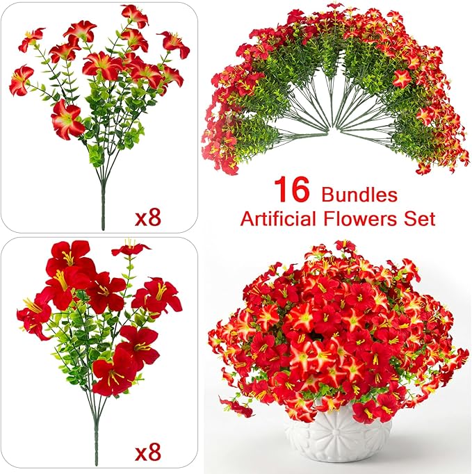 Daynight Faux Petunias Artificial Flowers Plants for Outdoor Plant Decoration,Fake Petunias Realistic Silk Flowers for Porch Yard Garden Window Indoor Decor. (16, Red)