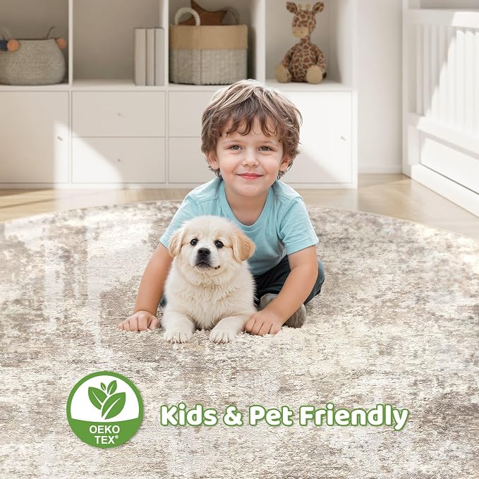 10ft Round Rug Living Room Rugs: 10x10 Washable Circle Large Abstract Modern Soft Stain Resistant Non-Slip Indoor Floor Carpet for Bedroom Nursery Office Dining Room Playroom Home House- Beige Brown