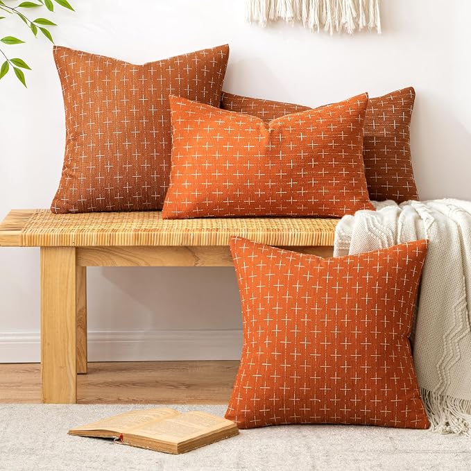 MIULEE Pack of 2 Decorative Burlap Linen Throw Pillow Covers Modern Farmhouse Pillowcase Rustic Woven Textured Cushion Cover for Sofa Couch Bed 18x18 Inch Burnt Orange