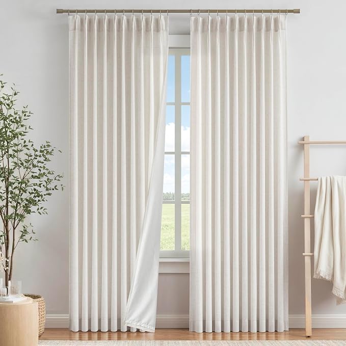 Vision Home Natural Pinch Pleated Light Filtering Curtains 60" Wx108 Lx2 | Microfiber Liner, Linen Blended, Privacy Drapes, Back Tabs with Ring Hooks, 2 Panels, for Living Room Bedroom Sliding Door