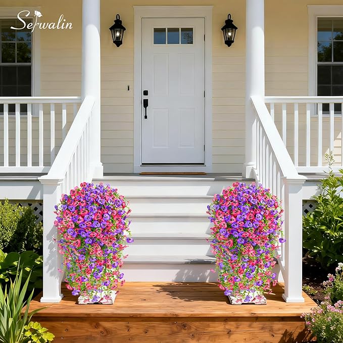 Serwalin Artificial Fake Hanging Flowers for Outdoors Planters,6PCS UV Resistant Faux Pansy Spring Flowers for Outside Porch Patio Garden Window Box (Rose Pink Purple)