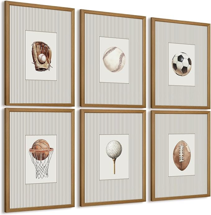 Sports Wall Art Decor Toddler Boys Room Canvas Prints Vintage Sports Nursery Wall Decor Baby Kids Poster Football Baseball Pictures Basketball Theme Artwork for Children Bedroom 12x16 Inch Wood Framed