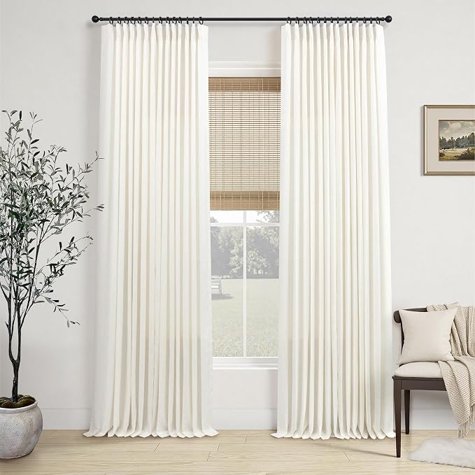 Light Filtering Linen Curtains 132 Inch Extra Long 2 Panels for Bedroom Living Room Large Window Pinch Pleated Sheer Ivory Cream Farmhouse Drapes Privacy Ceiling to Floor Length Curtain Track Back Tab
