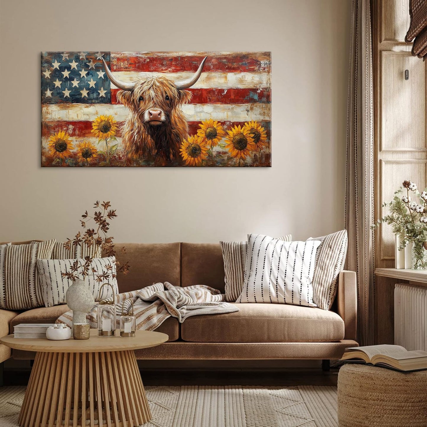 LASMOND Country Highland Cow Wall Art for Living Room Rustic Retro Vintage American Flag Sunflower Canvas Painting Prints Highland Cattle Artwork Farmhouse Bedroom Office Decor (40x20 Inches)