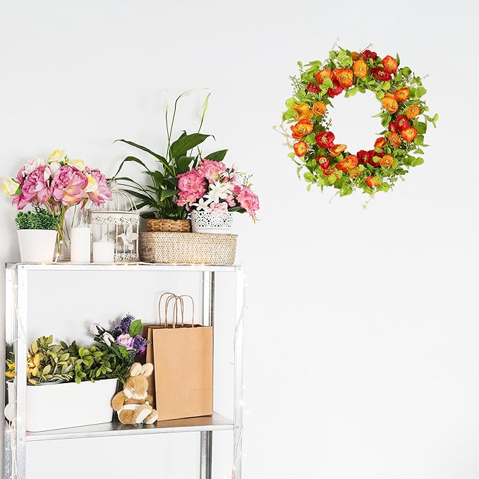 YNYLCHMX 18" Spring Summer Wreaths for Front Door, Artificial Floral Wreath with Poppy Flowers Green Tea Leaves, Green Foliage Wreath for Wall Window Farmhouse Party Holiday Home Decor