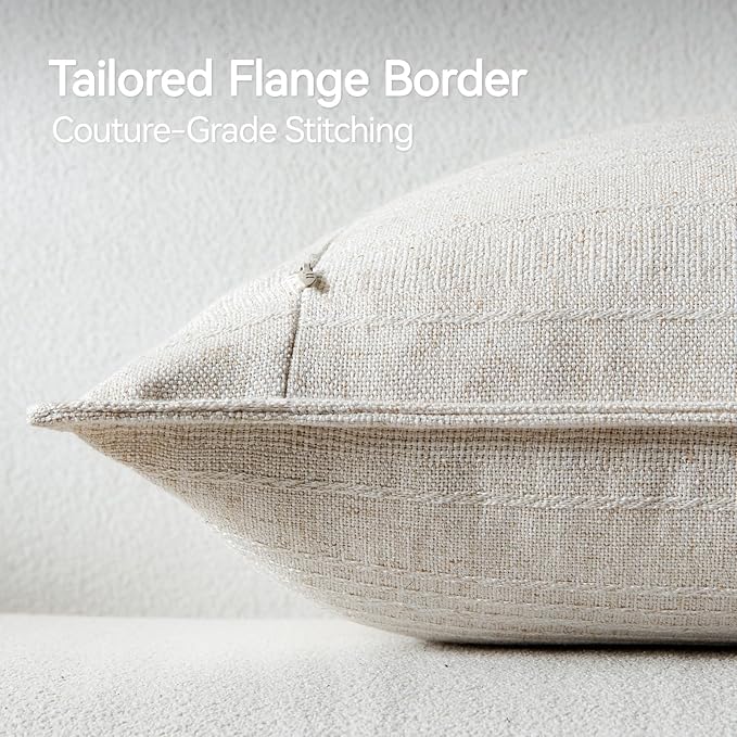 a moment Linen Pillow Covers Set of 2,Boho Farmhouse Throw Pillowcases Neutral Textured Decorative Covers for Couch Sofa,Linen Blend Accent Case Cushion Living Room Home Decor 26"x26" Ivory