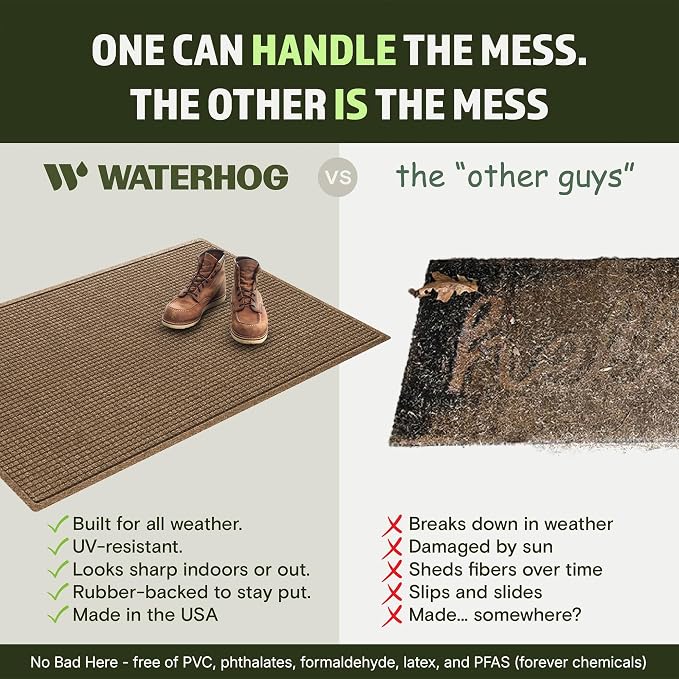 WaterHog Squares Front Door Mat Indoor Outdoor Entrance, Absorbent All-Weather Doormat with Non-Slip Rubber Backing, Dirt & Moisture Trapper, Low Profile, Easy Clean, Made in USA, 45.5"x70" Camel