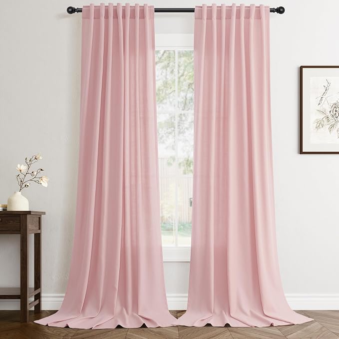 Jowels Pink Linen Curtains 92 Inch Long 2 Panels for Living Room | Light Filtering Semi Sheer Curtain, Back Tab Pocket Pleated Look, Boho Farmhouse Textured Privacy Drapes for Bedroom Window