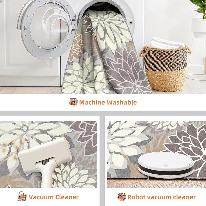 4x6 Washable Rug for Living Room Tropical Botanical Modern Floral Chenille Area Rugs Low Pile Non Slip Carpet for Patio, Bedroom, Laundry, Taupe