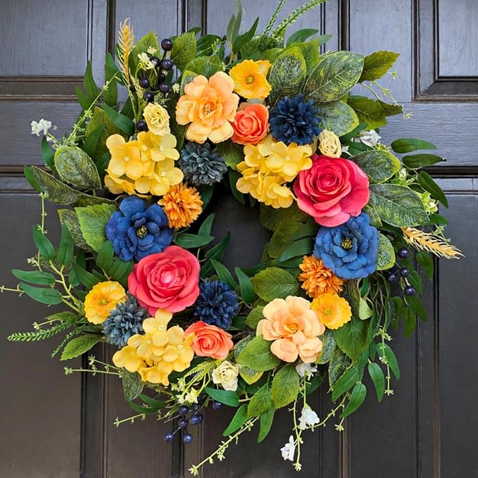 Spring Wreaths for Front Door, 22 Inch Summer Wreath with Roses & Hydrangeas, Outdoor Wreath for Spring Summer Door Decor