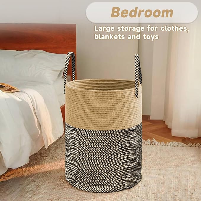 JMvicyroam Large Woven Laundry Basket Hamper,60L Cotton Rope Storage Bin for Blankets,Toys and Clothes,Decorative Tall Nursery Hamper for Living Room,Baby Nursery,Bathroom and Bedroom,Brown and Black