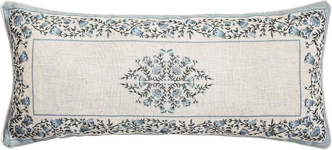 ISAENNE Designer Vintage Linen Throw Pillow Cover,28"x12"-Segerman A | Elegant Chinoiserie Rectangle Pillow Cover,Concealed Zipper Design,Floral Pattern,Sofas,Bedroom,Living Room,Lounge Chairs