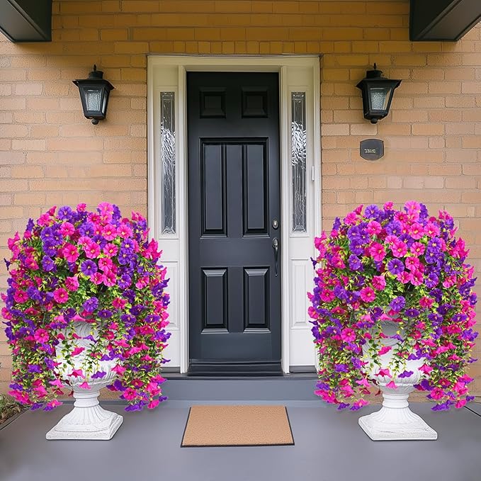 Dolicer 8 Packs Look Real Artificial Flowers for Outdoors, Fake Artificial Hanging Flowers for Outdoors Realistic UV Resistant Hanging Flowers Silk Petunia Faux Flowers for Porch Patio(Purple+Fuchsia)