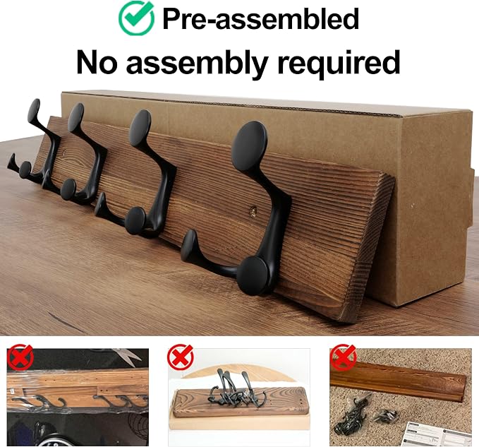 WEBI Coat Rack Wall Mount,24" Solid Wood Coat Hooks Wall Mounted Coat Hanger,16" Hole to Hole,Heavy Duty Hook Rack,4 Triple Hooks for Hanging Coats,Jacket,Hat,Backpack,Farmhouse,Brown,2 Packs