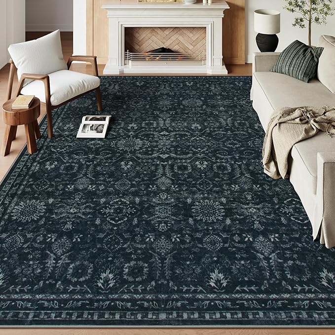 Lahome 9x12 Black Moody Rug for Living Room, Dark Academia Basement Rug | Vintage Washable Non Slip Non Shedding Soft Carpet for Dining Room Bedroom