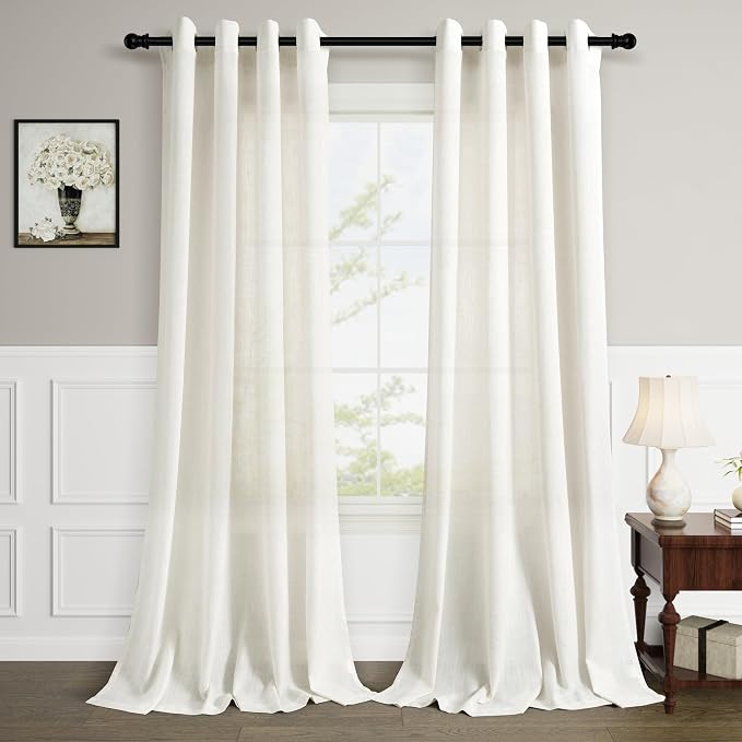 Natural Linen Curtains 95 Inch Length for Living Room 2 Panels Linen Drapes Semi Sheer Light Filtering Boho Farmhouse Neutral Cream Ivory Window Curtains 95 Inches Long for Dining Bedroom Office