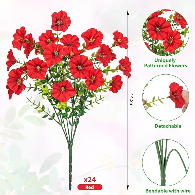 Ouddy Decor 24 Bundles Artificial Flowers for Outdoors, Fake Petunias Flowers Silk Morning Glory with Eucalyptus Faux Plants for Indoor Outside Spring Summer Yard Garden Porch Home Decor, Red