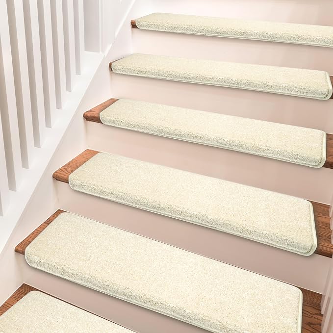 PURE ERA Bullnose Carpet Stair Treads Set Tape Free Non-Slip Indoor Stair Protectors Pet Friendly Rugs Covers Soft Skid Resistant Washable Reusable 9.5" x 30"(7 Pieces,Light Beige)