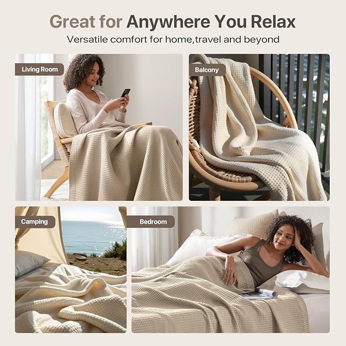 Madison Park 100% Cotton Blanket, Trendy Woven Waffle Weave Design, All Season, Lightweight, Breathable, Soft and Cozy Casual Summer Cover, for Bed, Couch and Sofa, Twin(66 in x 90 in), Khaki