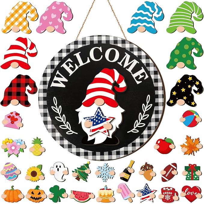 Qunclay Interchangeable Wooden Gnome Decor Holiday Seasonal Gnome Decorations with Magnet Pieces and Detachable Hats Changeable Welcome Sign for Home(Stylish)