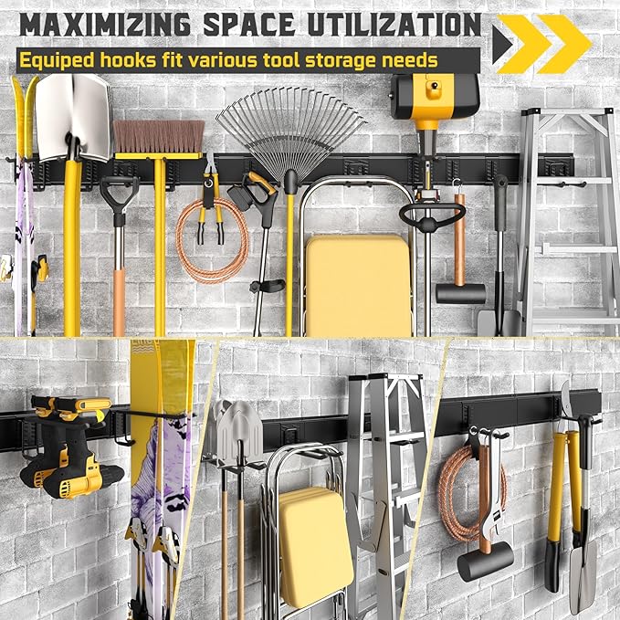 64" Garage Tool Organizer Wall Mount, 900 lbs Heavy Duty Steel Garden Tool Storage Rack with 12 Adjustable Hooks for Yard, Shed, Garage (4 Racks, 12 Hooks, 2 Straps)