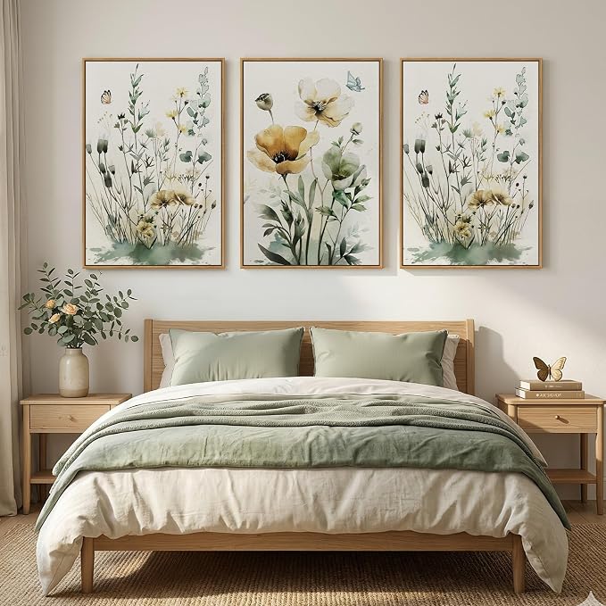 Large Framed Botanical Wall Art for Living Room, 3 Piece Sage Green Boho Floral Canvas Prints Paintings, Modern Farmhouse Watercolor Wildflower Pictures for Bedroom Dining Room Wall Decor, 24x36 Inch