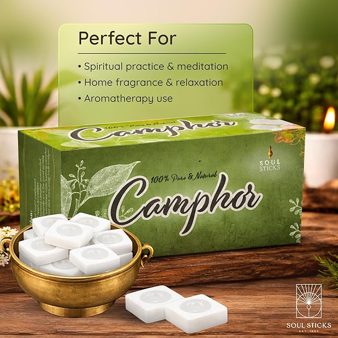 SOUL STICKS Natural Camphor Blocks, Pure Camphor Tablets for Aromatherapy & Puja - Alcanfor en Bloques, Alcanfor en Bolitas, Kapoor for Pooja (56 Grams (12 Tablets))