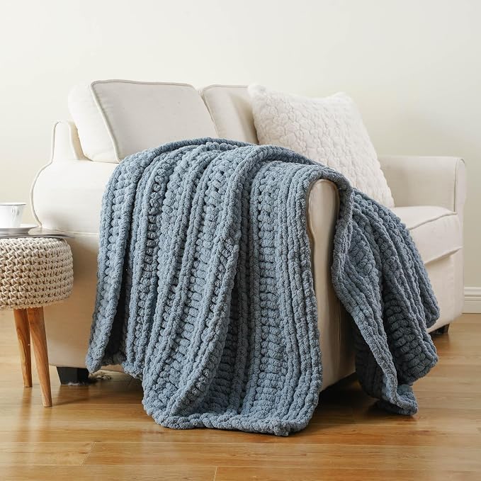 Battilo Chunky Knit Throw Blanket for Couch, 50"x60", Dusty Blue | Hand Knit, Cozy Warm Thick Soft Chenille Throw Blanket for Bed, Sofa, Living Room