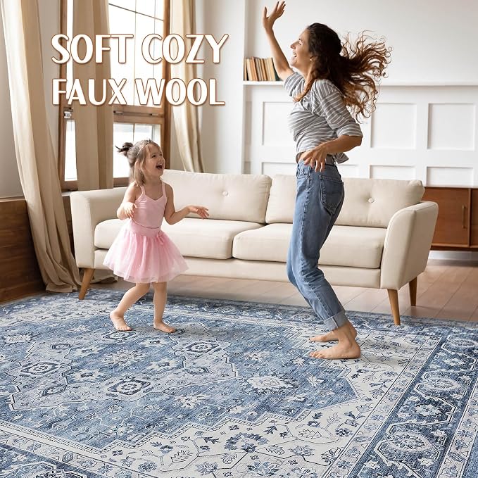 10x12 Area Rug Living Room: Washable Boho Large Neutral Vintage Soft Rug Stain Resistant Farmhouse Non-Slip Indoor Floor Retro Carpet for Bedroom Nursery Kids Office Dining Room- Blue Gray