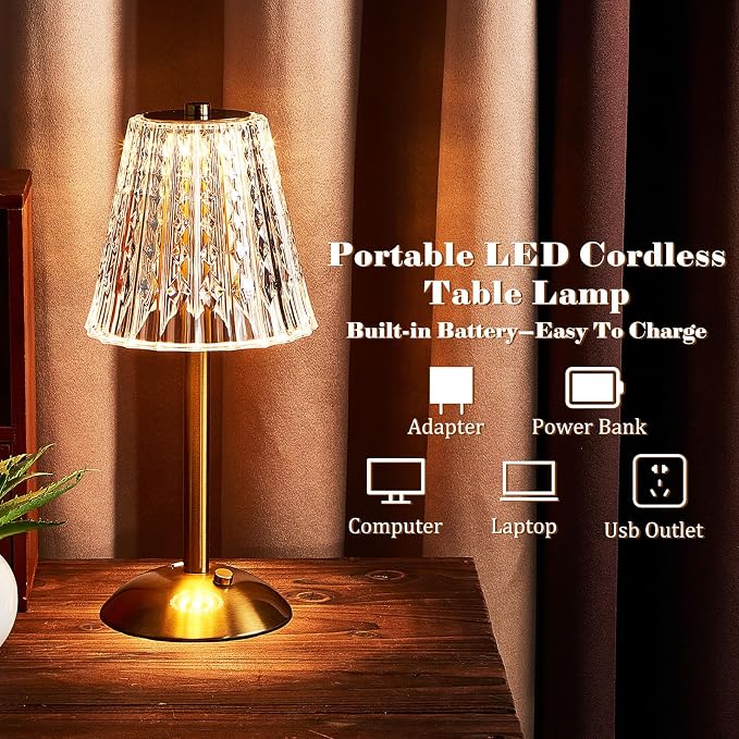 Liliful 8 Pcs Cordless Table Lamp Rechargeable Touch LED Small Gold Portable Battery Operated USB-c Desk Lamp 3 Color Dimmable for Bedroom Living Room Dining (Gold,Classic Style)