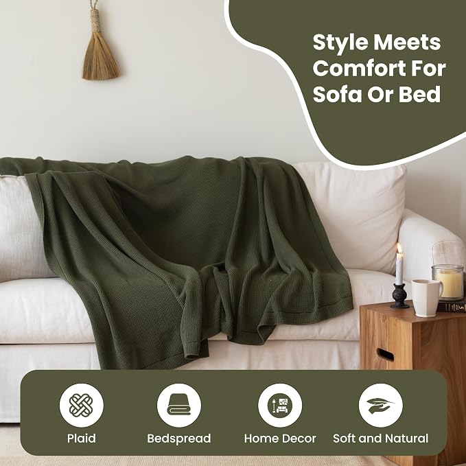 Dalisa 100% Organic Turkish Cotton Throw Blanket - GOTS Certified, Cozy - Perfect for Couch, Bed, and Home Decor - Boho Vintage Knit Alina (Pepper_Green, 60x80)