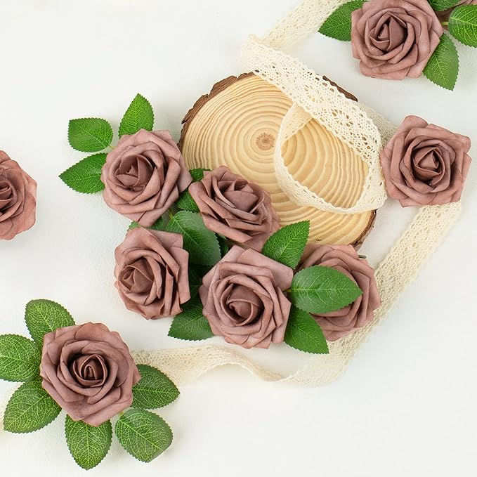 Mocoosy 50Pcs Artificial Rose Flowers, Dusty Roses for Decorations, Real Touch Fake Foam Rose Bulk with Stems DIY Wedding Bouquets, Bridal Shower, Mother's Day Floral Arrangements Party Table Decor