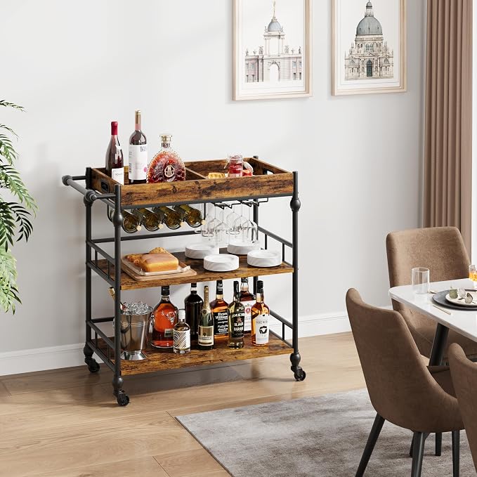 Garvee Bar Cart with Wheels, 3-Tier Rolling Serving Cart with Removable Tray, Mobile Kitchen Beverage Cart with Wine Rack & Glass Holder, Retro Roman Column Design, 35.4 x 15.7 x 34.1 Inches, Brown