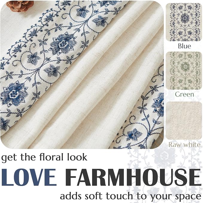 jinchan Small Window Curtains 54 Inch Length Linen Cafe Curtains for Kitchen Bathroom Floral Embroidered Short Drapes Rustic Farmhouse Light Filtering Curtain Set 2 Panels Blue on Beige