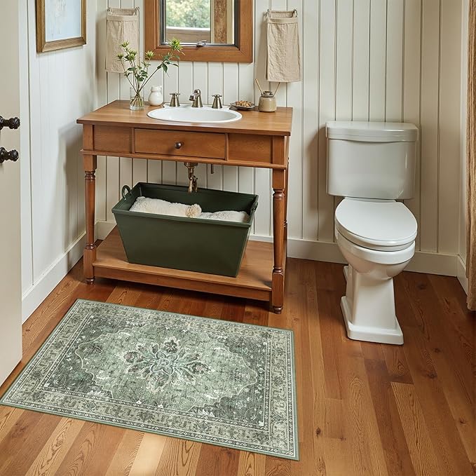 RELEANY Area Rugs 2'x3' Kitchen Rugs Entry Rug Small Rugs for Entryway Kitchen Bathroom Door Mat Indoor Entrance,Washable Non Slip, Dark Green Gray