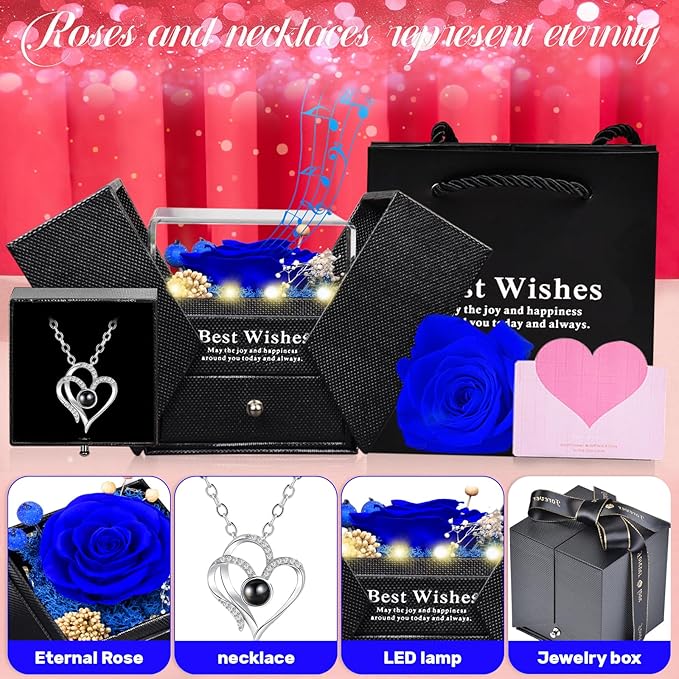 Pasuvsigt Valentines Day Rose Gifts for Her, Preserved Real Rose with I Love You Heart 100-Language Necklace, LED Lights & Music Box, Anniversary Birthday Valentines Gifts for Women Girlfriend Mom