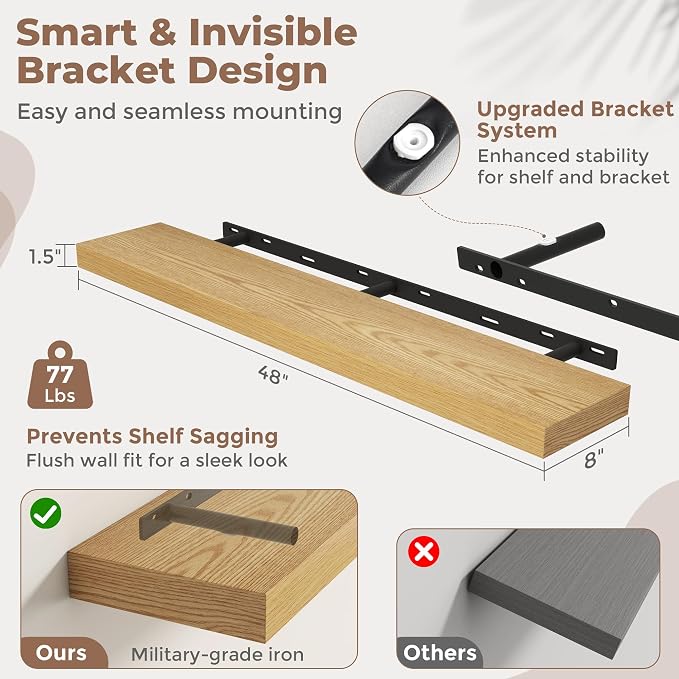 48 Inch Floating Shelves for Wall, 8"D Wood Storage Shelves, Oak Finish | Engineered Wood, Invisible Bracket, Large Storage, Easy Install, Hold Up to 77lbs, Living Room, Bathroom, Bedroom, Kitchen