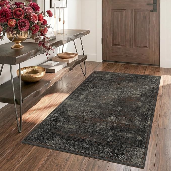 Black 3x4 Washable Entryway Rug, Non-Slip Low Pile Indoor Rug for Mudroom, Bathroom, Kitchen & Hallway, Stain Resistant Dark Volcanic Charcoal Modern Farmhouse Style