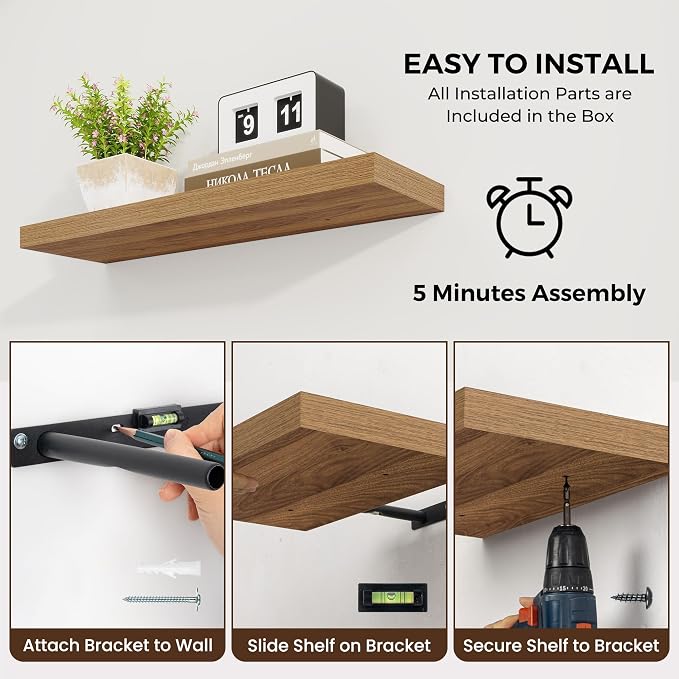Dreamland 55Inch Walnut Floating Shelves 9.8" Deep Wall Mounted Set of 1 | Wall shelves for bathroom, bedroom, Living Room, kitchen, deep wall mount wood storage display for home decor 55" x 9.8"